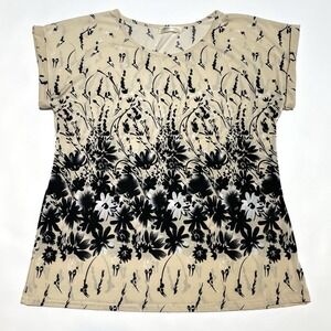 Ace Fashion Floral‎ Top Women's Size Medium Black Tan Silky